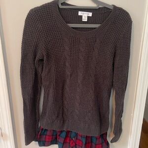 Motherhood Gray and Plaid Crew Neck Cable Knit Sweater
